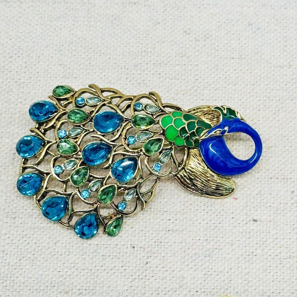 Dana Buchman Peacock Brooch Womens Blue Green Gold Crystal Enamel Bird‎ Art Deco